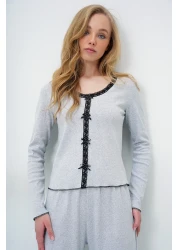 Trend Alaçatı Stili Grimelange بلوزة مطرزة بياقة واسعة ومزينة بفيونكة وسروال بالازو بدلة بيجامة ALC-X14066