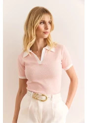 Olalook Women's Salmon White Polo Neck Color Detailed Stretchy Cotton Blouse Blz-19002920