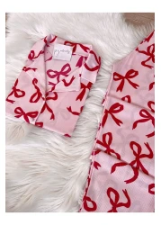 Pijamacs Pink Bow Patterned Short Sleeve Pegasus Pajama Set