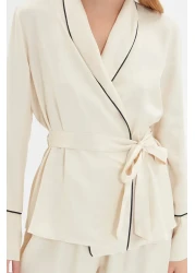  Collection Beige Belted Piping Detailed Double-Breasted Viscose Maternity Woven Pajamas Set Thmaw22Pt1109