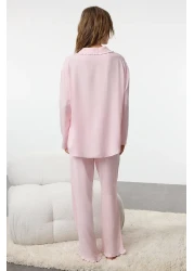  Collection Pink Ruffle Pocket Detailed Viscose Woven Pajamas Set Thmaw25Pt00146