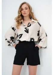 Trend Alaçatı Stili قميص نسائي منسوج بنمط أوراق الشجر باللون الأسود والبيج ALC-X13785