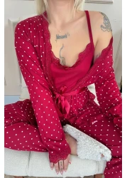 Pijamaevi Claret Red Mini Point Patterned Bamboo Dressing Gown Women's Pajamas Set