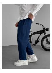 BYBASICMAN بنطلون كتان فضفاض باللون الأزرق الداكن JJ-181