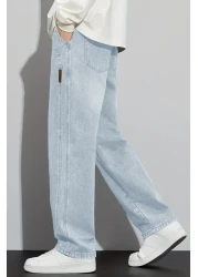 THE RULE Men's Light Blue Baggy Elastic Waist Lycra Straight Leg Loose Fitting Stretchy Jean Denim Jeans Pants Rf0484