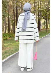 Tesettür Dünyası بدلة تريكو مخططة Tsd220905 أبيض