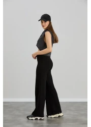 Alos Women's Black Modal Wide Leg Striped High Waist Soft Textured Lycra Trousers with Elastic Waist