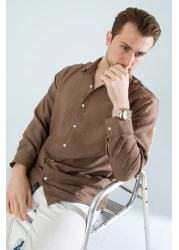 YXC Trend Maker Seasonal Linen Textured Long Sleeve Oversize Men's Shirt (Product Is Wide Fit) Dark Brown