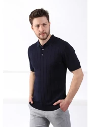 Ferraro تي شيرت رجالي منسوج من القطن بنسبة 100% بياقة بولو باللون الأزرق الداكن