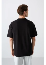 Tommy Life تي شيرت رجالي من القطن الأسود السميك الناعم المطبوع مقاس كبير - 88322