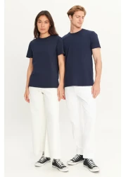 AC&Co / Altınyıldız Classics Men/Unisex Navy Blue 100% Cotton Slim Fit Slim Fit Crew Neck Basic T-Shirt