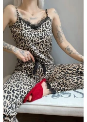 Pijamaevi Brown Leopard Printed Lace String Strap Knitted Women's Pajama Set