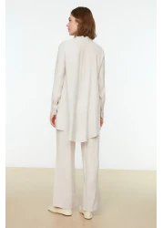  Modest Cream Half Hidden Placket Shoulder Detailed Tunic-Pants Woven Set TCTSS22US0098