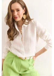 Olalook Women's Ecru Transparent Striped Regular Fit Draped Shirt Gml-19001334