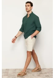  Collection Dark Green Slim Fit Half Placket Prevailing Collar 100% Cotton Shirt TMNSS20GO0097