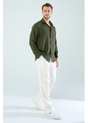 YXC Trend Maker قميص كتان كبير الحجم من القطن ذو قصة مريحة باللون الكاكي للرجال (المنتج ذو قصة واسعة)