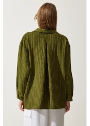 Happiness İstanbul قميص فيسكوز نسائي مخطط بالكاكي مع جيوب DE00030