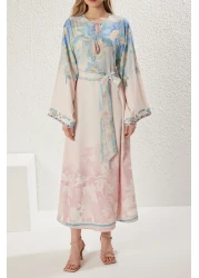  Modest Powder Linen Look Spanish Sleeves Belted Print Woven Dress Tctss25Eb00033