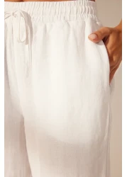  Collection White 100% Linen Elastic Waist High Waist Wide Leg Trousers TWOSS24JE00249