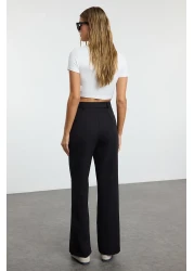  Collection بنطال أسود عالي الخصر بأرجل واسعة/أرجل واسعة من القماش المنسوج بطيات TWOAW21PL0076