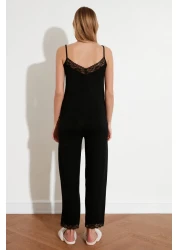  Collection Viscose Knitted Black Lace Pajamas Set - Rope Strap, Ribbon/Bow Detail Thmss20Pt0134