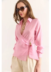 Olalook Women's Candy Pink Side Binding Detailed Modal Blouse Blz-19002946