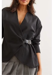 Olalook Women's Black Shirt Collar Belt Detail Shirt Gml- 19001277