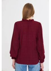 armonika Women's Burgundy Long Sleeve Blouse with Ruffle Detail on the Collar and Elastic Sleeves Arm-25K 001030