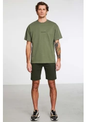 GRIMELANGE River Men's - Embroidery Detailed Oversize Khaki T-Shirt 100% Organic Cotton