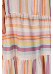  Modest Linen Look Woven Dress with Multi-Colored Striped Skirt and Ruffles TCTSS24EB00105