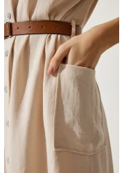 Happiness İstanbul Women's Cream Belted Woven Dress MX00155