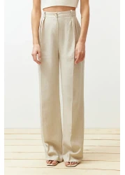  Collection بنطال منسوج من القطن والكتان بأرجل واسعة ومضلع باللون البيج TWOSS24PL00062