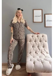 Pijamaevi ليوبارد منقوشة محبوك الجبهة زرر قصيرة الأكمام منامة المرأة