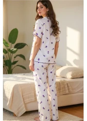 BELLA NOTTE Romantic Cotton Tulip Patterned Lace Detail Summer Pajama Set