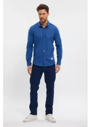 DeepSea قميص رجالي من الليكرا بقصة ضيقة باللون الأزرق الداكن - بأكمام طويلة وأزرار كبس2403013