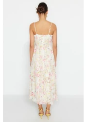  Collection فستان طويل منسوج من الشيفون مزين بنقشة زهور بيضاء على شكل حرف A TWOSS23EL02013