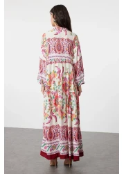  Modest فستان منسوج من الفيسكوز باللون العنابي مزين بالزهور - TCTSS24EB00221