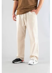 bombe Men's Beige Linen Trousers Comfortable Fit Belted Drawstring Elastic Waist Linen Trousers