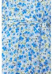  Modest Light Blue Floral Print Belted Stand Collar Lined Chiffon Woven Dress TCTSS21EL3346