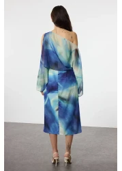 Collection Blue Chiffon Maxi Dress - Abstract Pattern, Cape Detail, Lined - Twoss25El00014