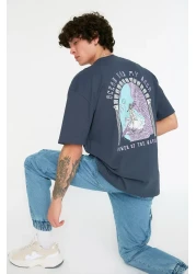  Collection تي شيرت قطني كبير الحجم مطبوع باللون الأزرق الداكن - كم قصير TMNSS21TS3559