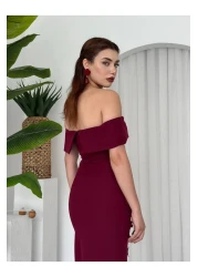 Afiş Butik Burgundy Madonna Collar Floral Embroidered Slit Long Dress