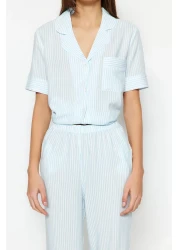  Collection Blue Striped Viscose Shirt-Pants Woven Pajamas Set THMSS21PT0159