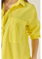 Bianco Lucci قميص كتان نسائي كبير الحجم بجيب مزدوج