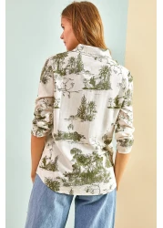 Bianco Lucci Women's Sleeve Folded Linen Shirt with Forest Illustrations