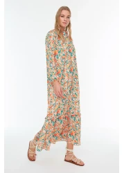  Modest Orange Floral Half Placket Skirt Tip Ruffle Lined Woven Dress TCTSS21EL3353