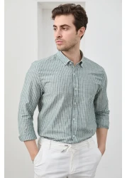 RAVANELLI قميص رجالي مخطط من القطن والكتان ذو قصة ضيقة