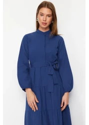  Modest Saks Belted Chief Collar Button Detail Woven Dress TCTSS21EL3343