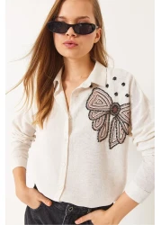 Bianco Lucci Women's Bow Patterned Bead Stone Embroidered Linen Aerobin Oversize Shirt 60283031