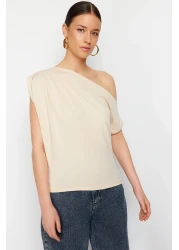  Collection Asymmetrical Neckline and Zero Sleeve Stretchy Knitted Blouse - Stone Regular Fit Twoss24Bz00396